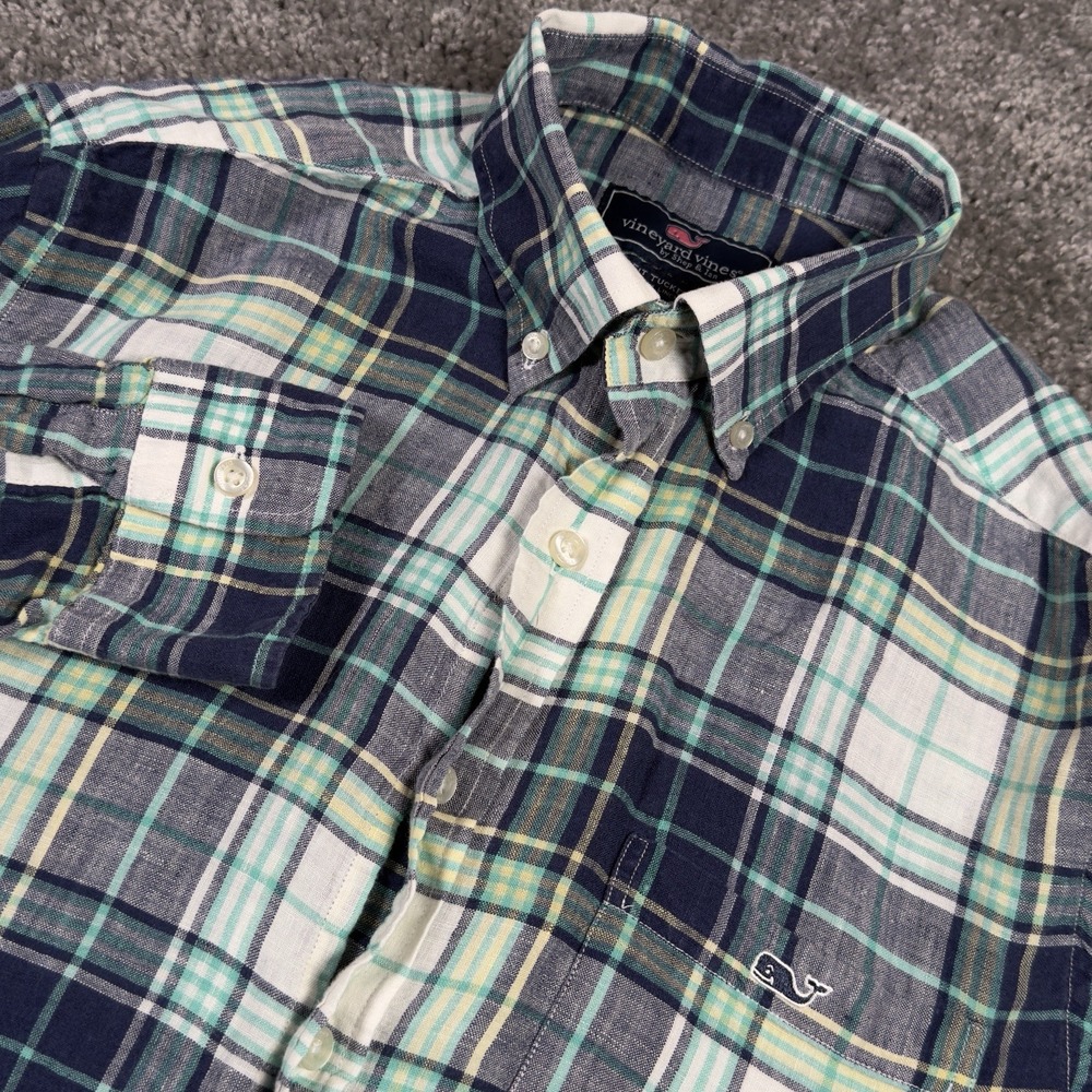 Vineyard Vines Slim Fit Tucker Shirt Men Oxford Knit Linen Blue Green Plaid Sz M